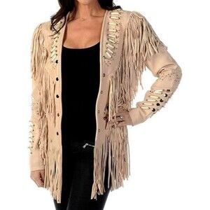 Leather Gallery Cream Color Hip Legth Fringe Leather Jacket Sz XL NWT